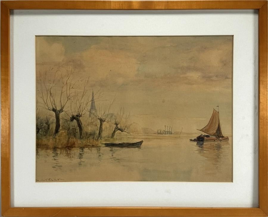 1124. Aquarel, C. van Velzen - rivierlandschap, 19e eeuw, Ophalen of Verzenden