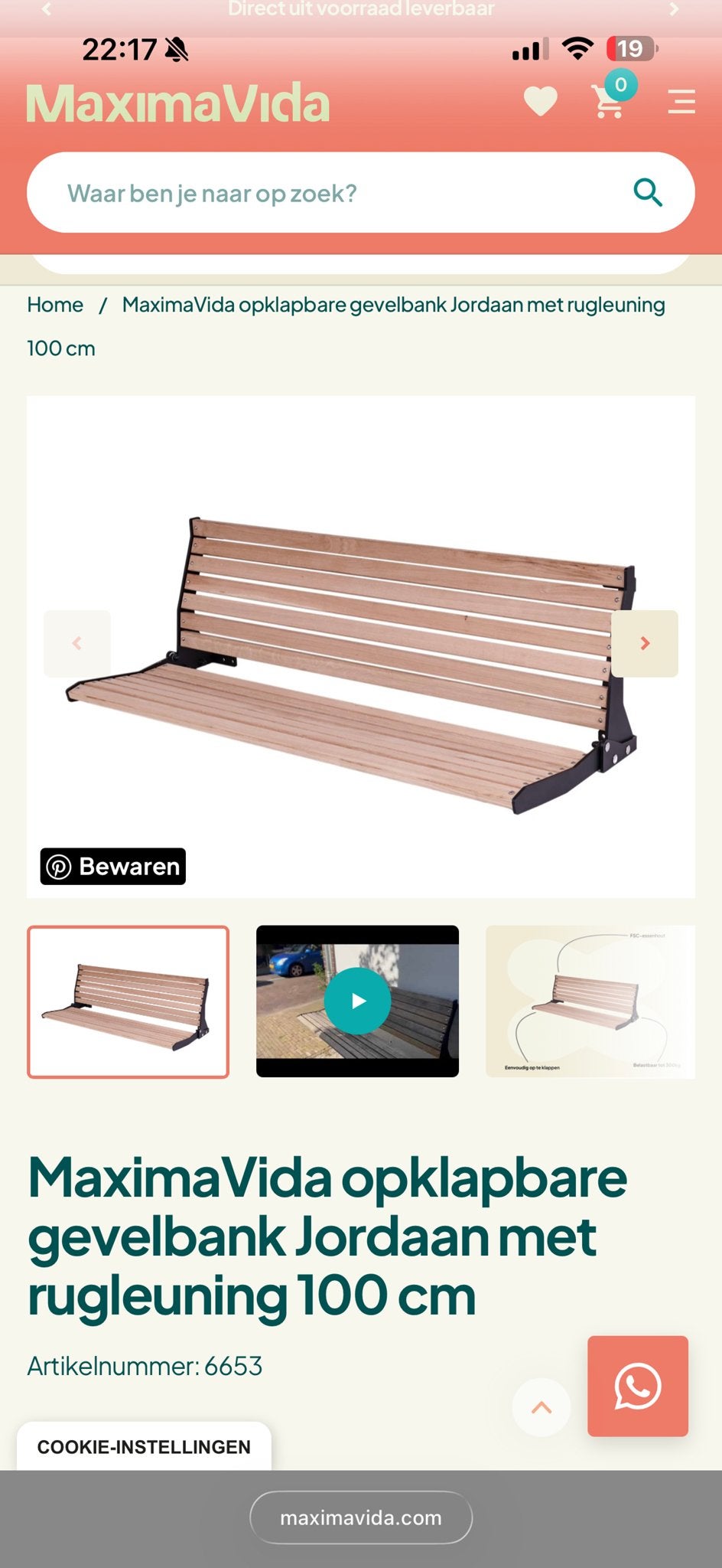 MaximaVida opklapbare gevelbank Jordaan met 100 cm, Ophalen, Nieuw, Hout
