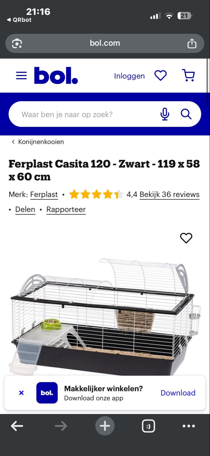 Ferplast Konijnenkooi Casita 120 - Dierenverblijf 119x58x61, Ophalen of Verzenden, Overige typen