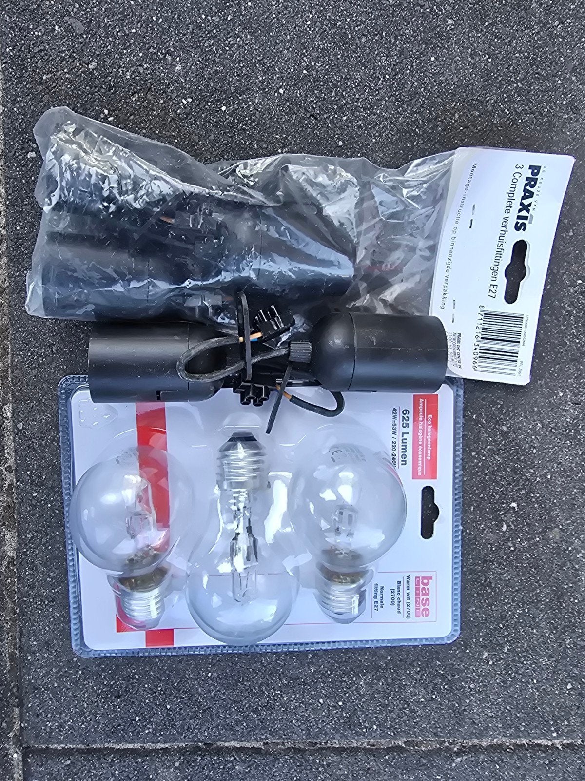 Praxis 3 complete verhuisfittingen E27 met gloeilampen, Ophalen of Verzenden, Zo goed als nieuw