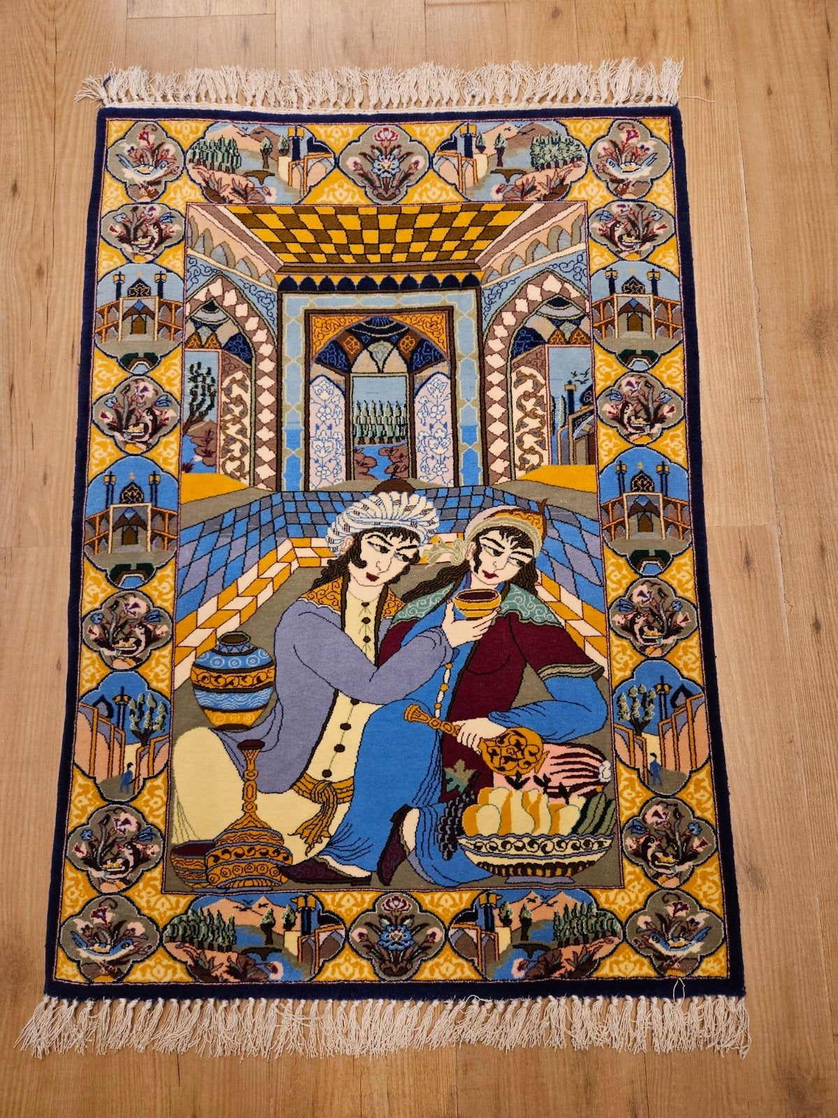 Vintage handgeknoopt perzisch tapijt isfahan 113x73, Info@SlatsAntiek.nl, Geel, Gebruikt, 100 tot 150 cm