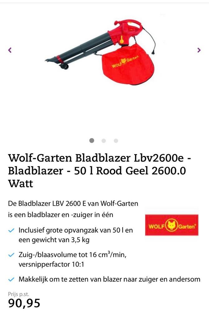Wolf-Garten Bladblazer LBV 2600 E - 2600W met zuigfunctie, Handgedragen, Nieuw, Ophalen of Verzenden, Met opvangzak