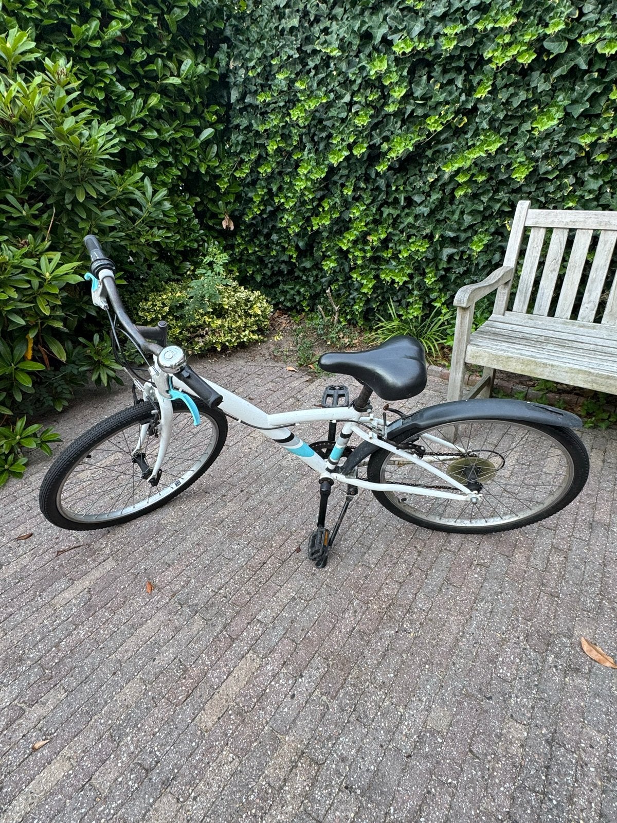 B'Twin kinderfiets 20 inch, wit/blauw, 6 versnellingen, Ophalen, Gebruikt, Schijfrem, 20 inch of meer