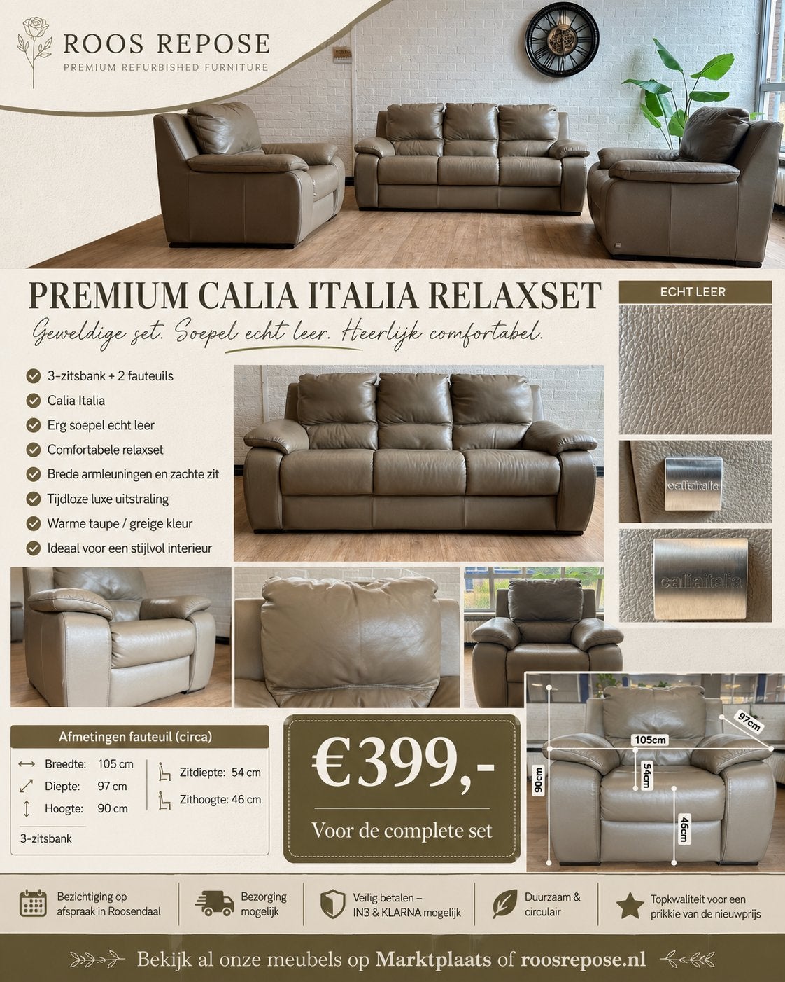 Calia Italia Relaxset | 3-zitsbank + 2 fauteuils | Echt leer, Huis en Inrichting, Luxe Italiaans, Driepersoons, Ophalen of Verzenden