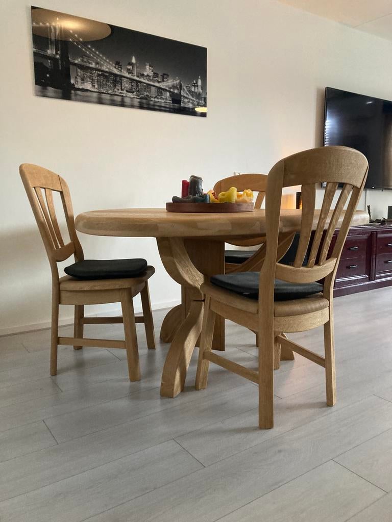 Robuuste Kiezelvormige 6cm Dik Massief Eiken Tafel Set, Ophalen, Zo goed als nieuw