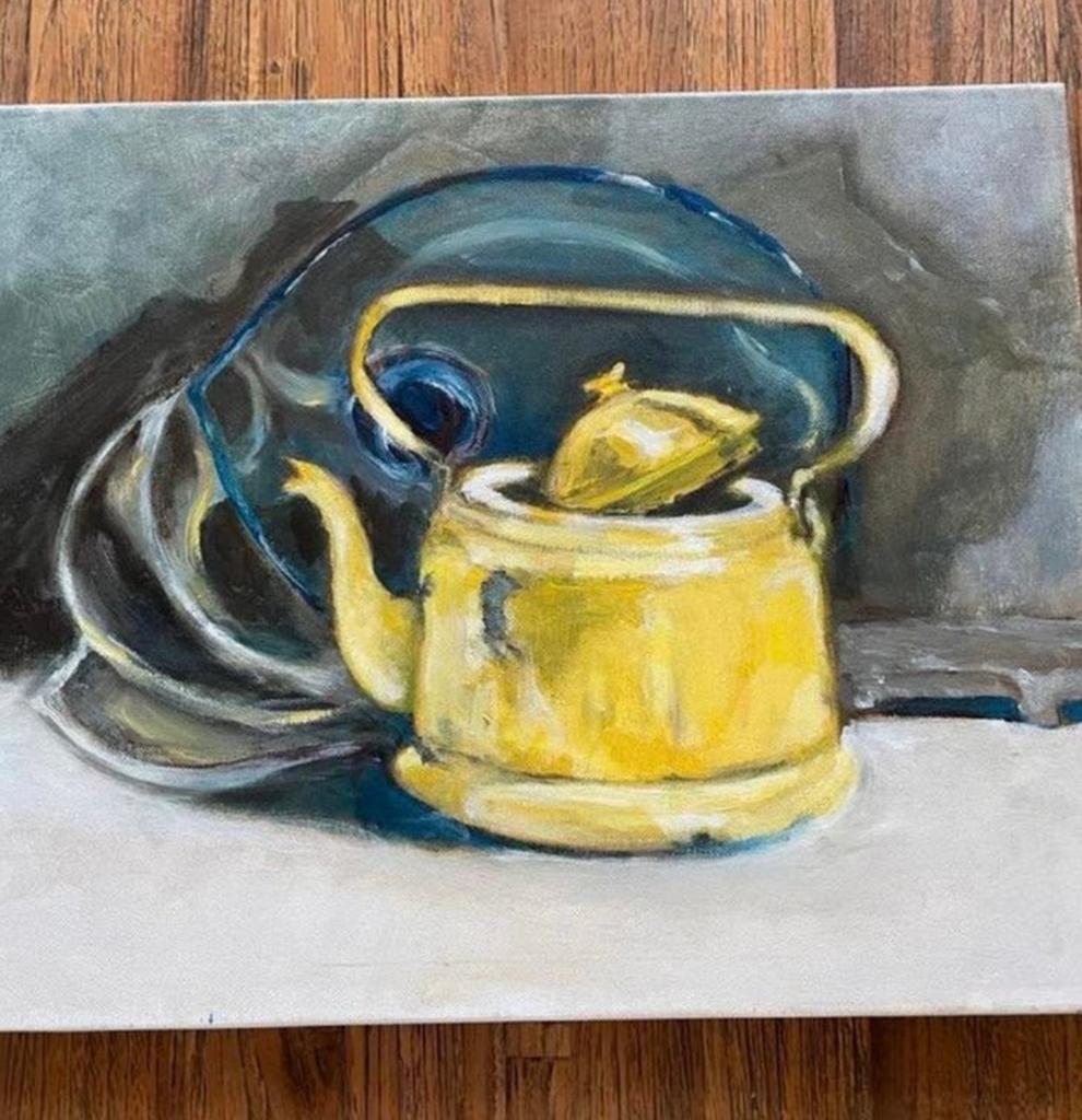 Schilderij: Gele Theepot en Blauwe Kom, Antiek en Kunst, Kunst | Schilderijen | Klassiek, Ophalen of Verzenden