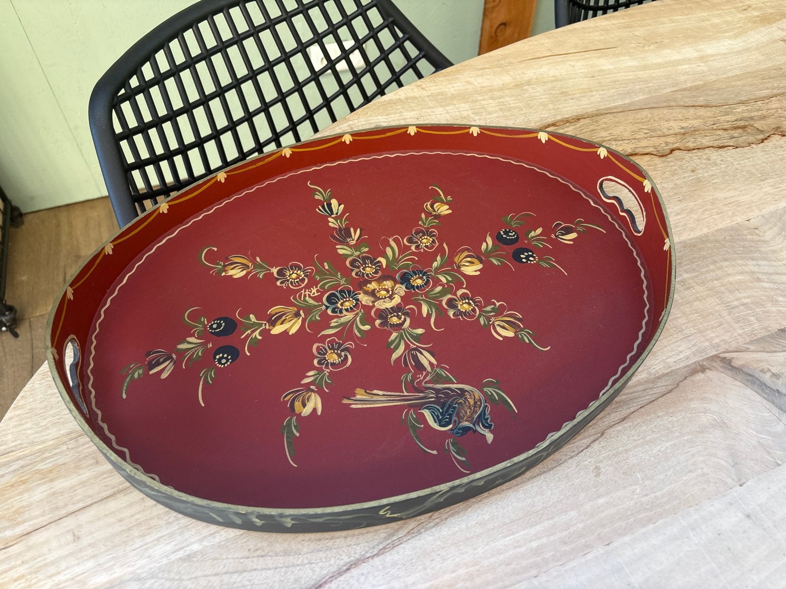 Hindelooper handgeschilderd dienblad met vogel en bloemen, Ophalen, Gebruikt, Handgemaakt, Dienblad
