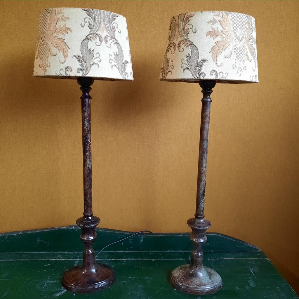 Set van 2 Vintage Tafellampen met Bronzen Patina Voet, Ophalen of Verzenden