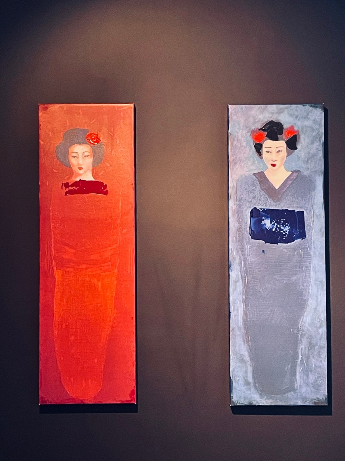 Set van 2 Geisha schilderijen - Modern en kleurrijk, Handgeschilderd, Ophalen of Verzenden, Textiel, Figuren
