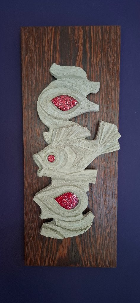 Vintage wandplaquette met keramieken gestileerde vis, Ophalen of Verzenden