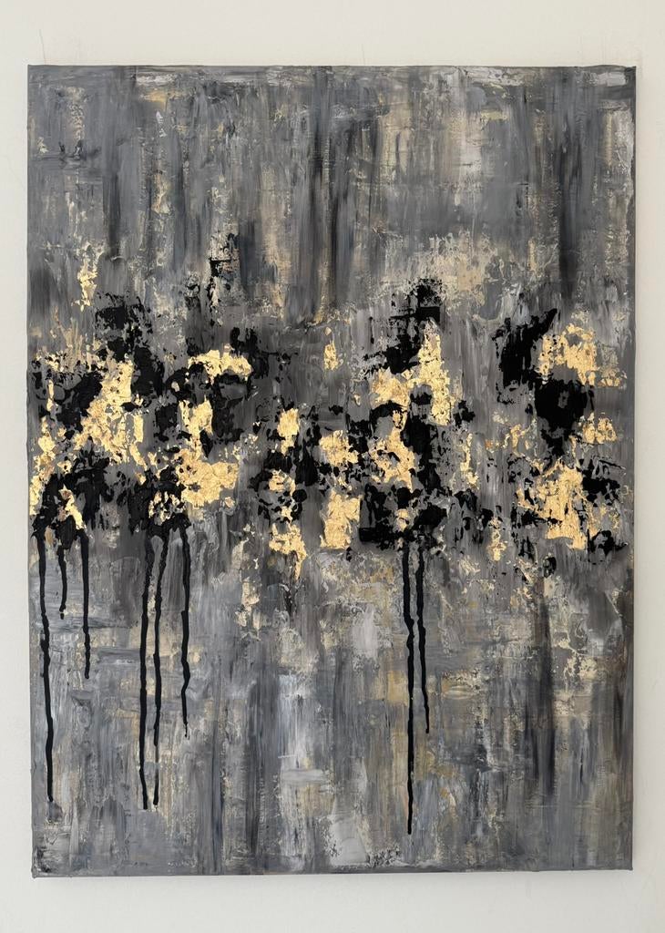 Abstract schilderij in grijs tinten met goudaccenten, Antiek en Kunst, Kunst | Schilderijen | Abstract, Ophalen of Verzenden