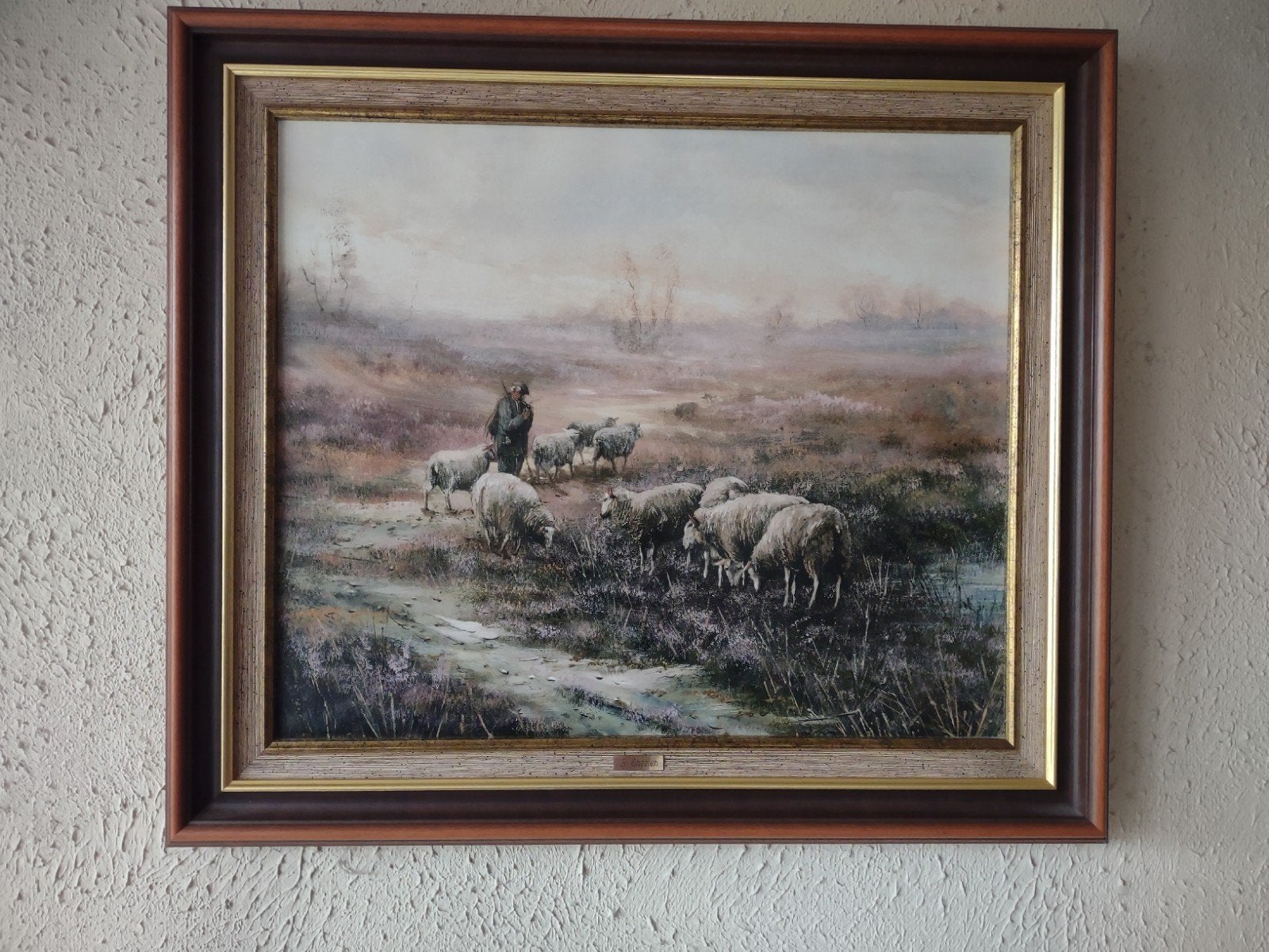 Schilderij L. Engelen - Herder met schapen op de hei, Antiek en Kunst, Ophalen, Doek, Realistisch, Dieren