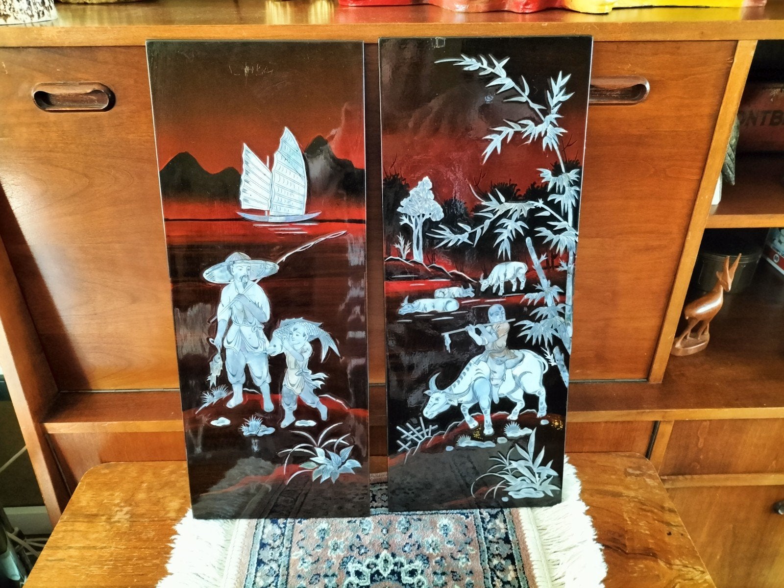 Set van 2 Chinese muurplaten met parelmoer inlegwerk, Wanddecoratie, Natuurlijk materiaal, Ophalen of Verzenden, China