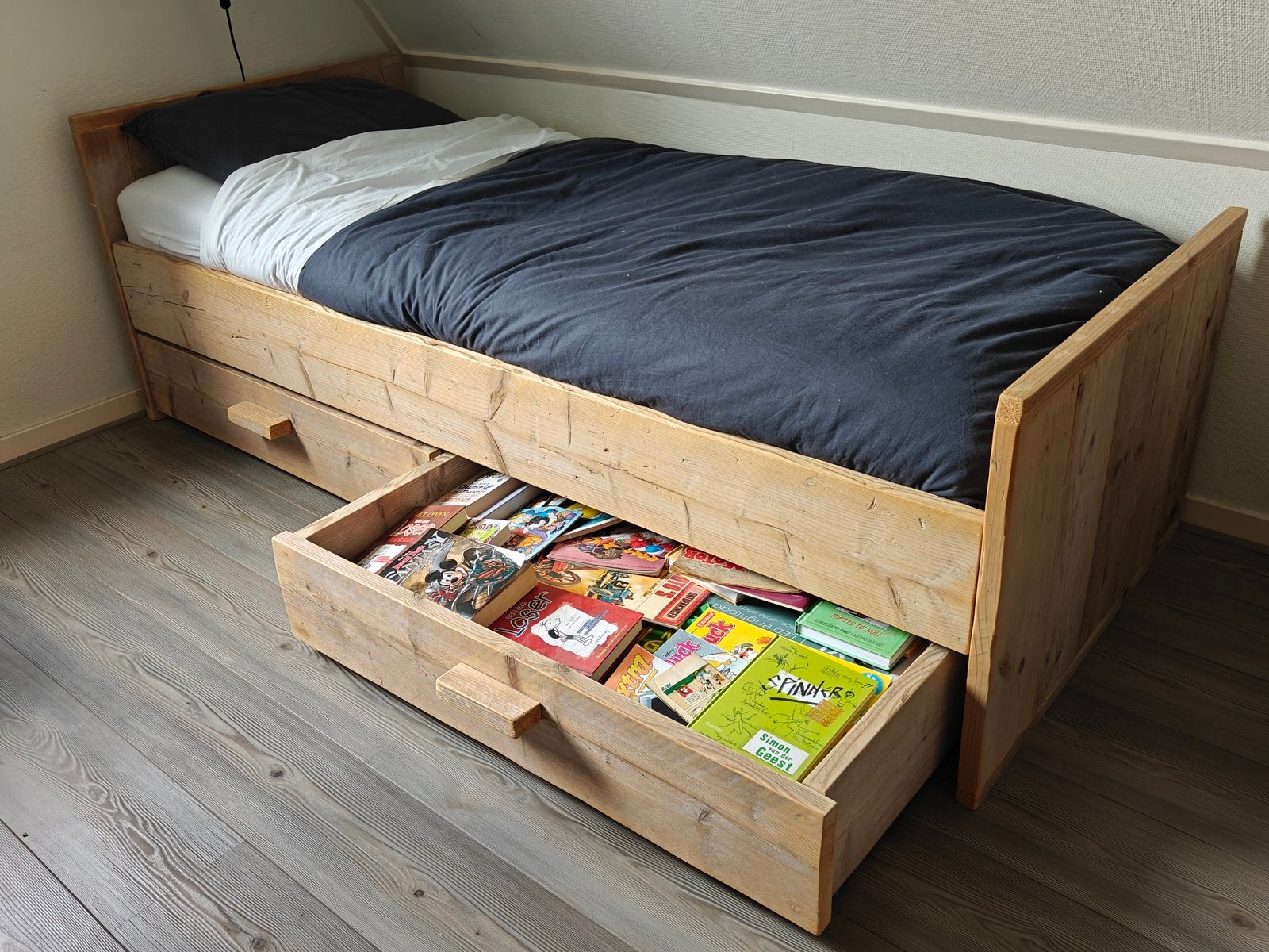 Steigerhouten bed 80x200cm met lades, Ophalen, Eenpersoons, 80 cm, 200 cm