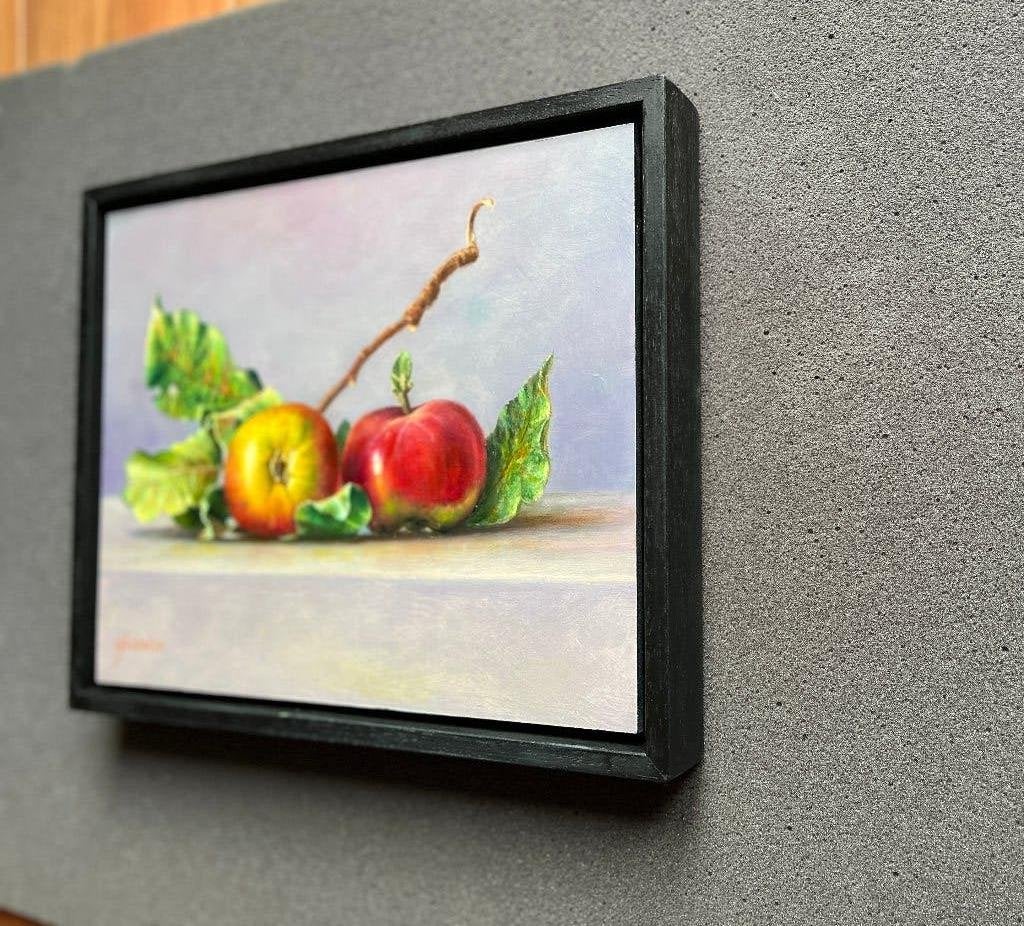 Schilderij stilleven appels op tafel. Hans Habraken., Paneel, Realistisch, Ophalen of Verzenden, Olieverf