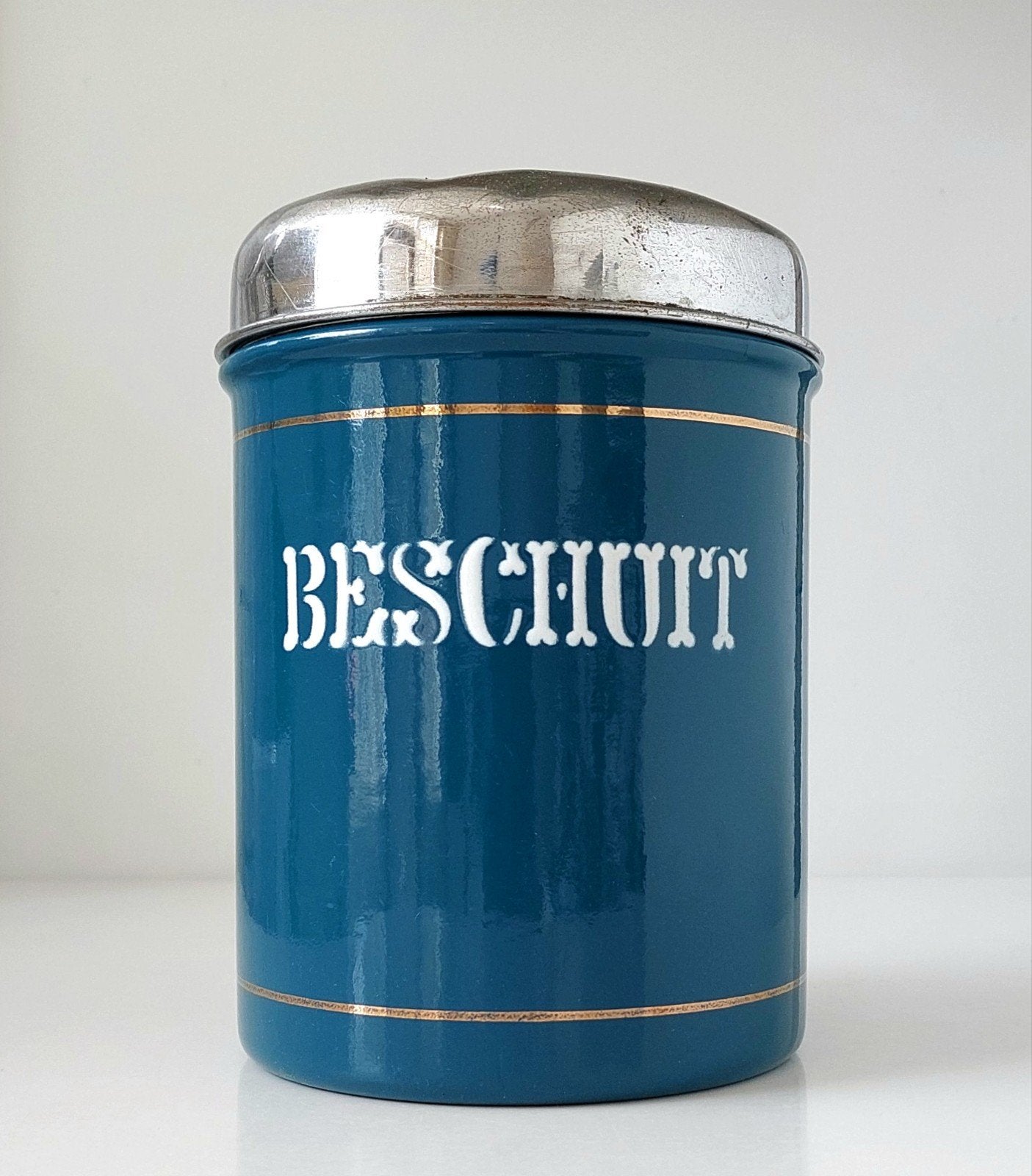 Oude BK Emaille Beschuitbus Petrol Blauw Keukenemaille, Verzenden