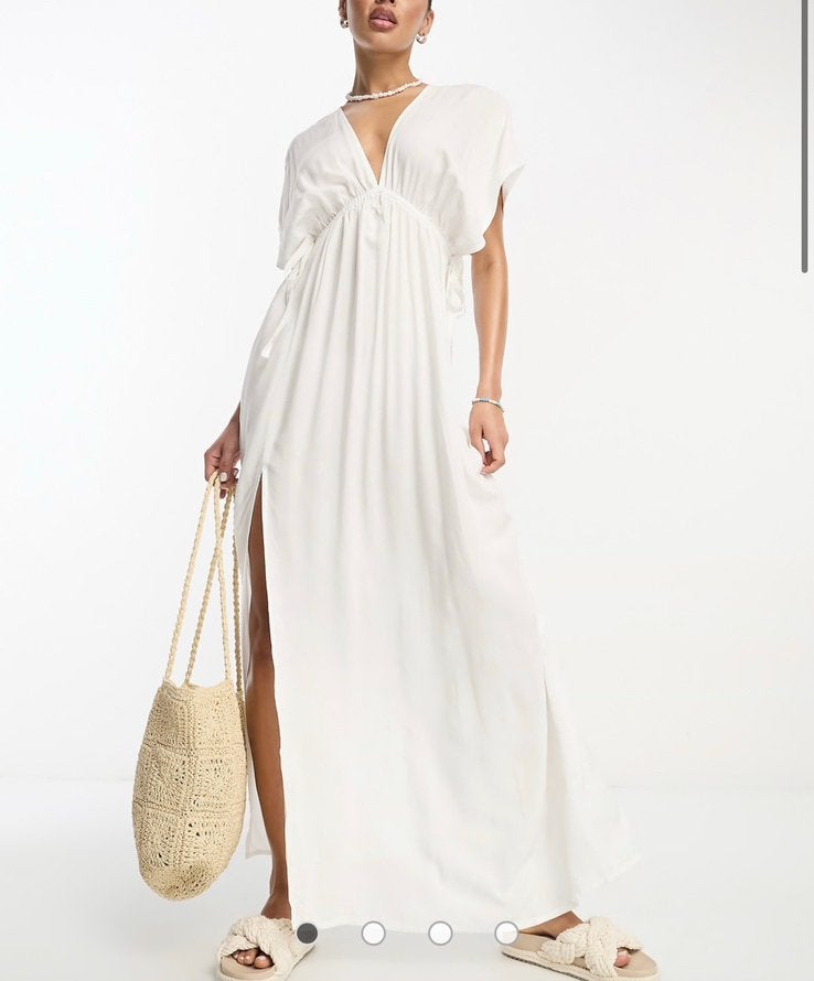 Dames maxi jurk strandjurk katoen v-hals top wit split XS S, Wit, Ophalen of Verzenden, Zo goed als nieuw, Maat 34 (XS) of kleiner