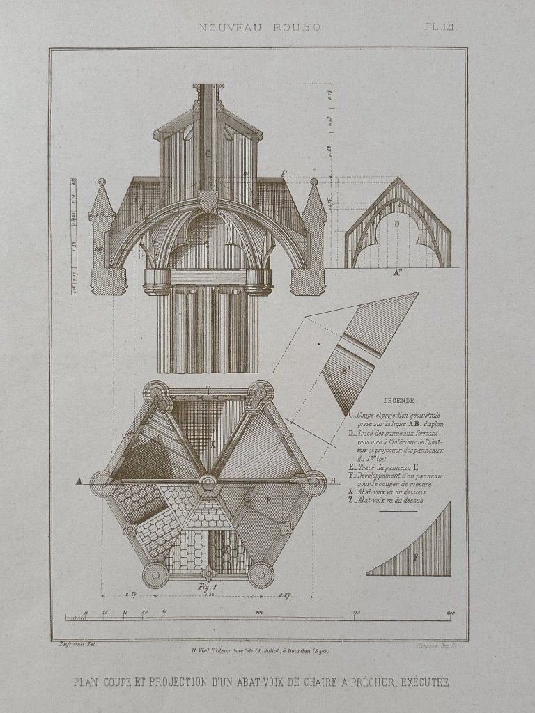 Antieke litho 1900 houtbewerking ontwerptekening spreekstoel, 1800 - 1899, Verzenden, Origineel, 50 cm