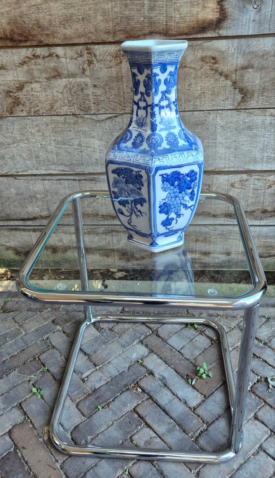 Zeshoekige Chinese Vaas Blauw-Wit Porselein, Ophalen