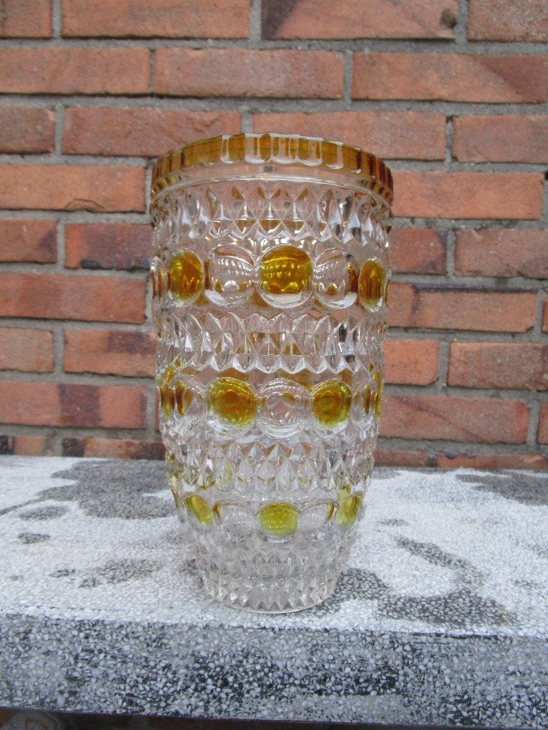 Vintage glazen vaas met geel patroon, Gebruikt, Geel, Ophalen of Verzenden, Glas