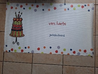 SPANDOEK 100/50 cm. Taart + gefeliciteerd, wit vinyl (Vista), Diversen, Ophalen, Gebruikt