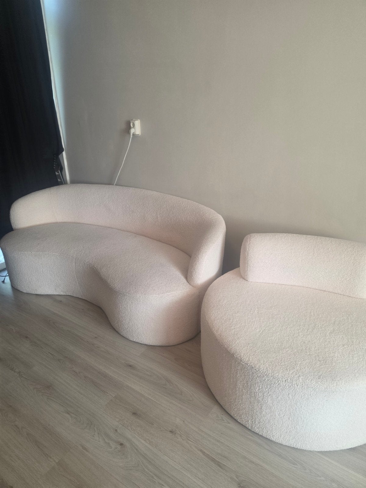 Moderne Bouclé Bank en Fauteuil Set - Crème (teddy stof), Ophalen of Verzenden, Zo goed als nieuw, Stof, Modern, Bouclé, Organisch