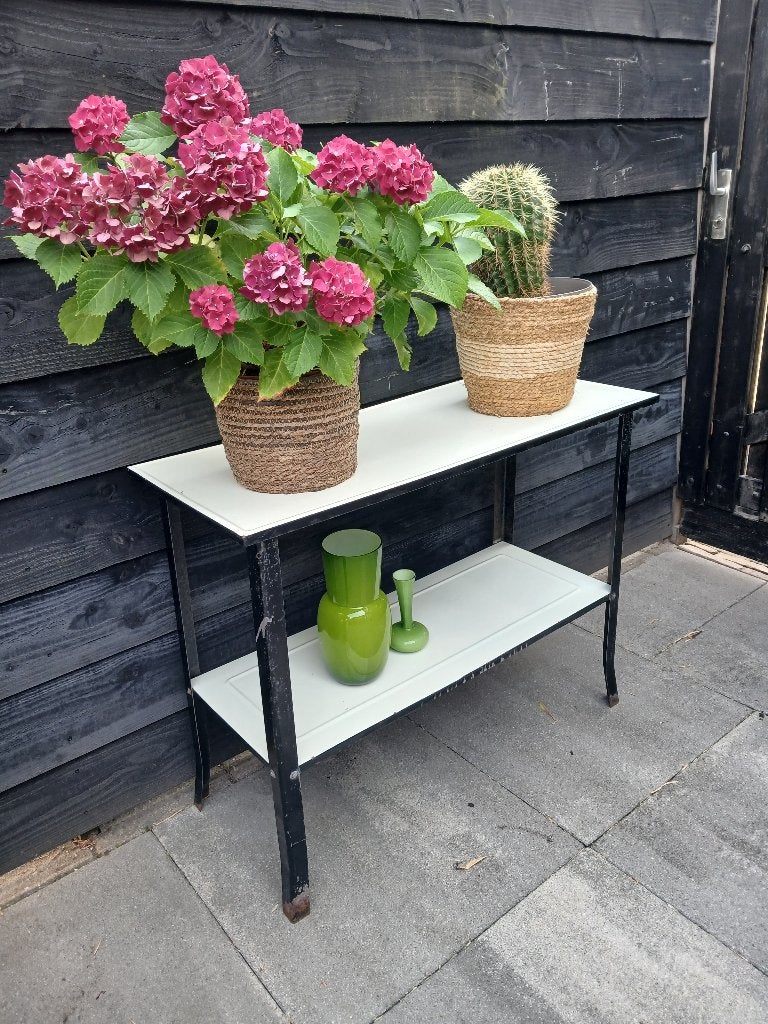 Geëmailleerde Bijzettafel, Plantentafel - Vintage jaren 60, Ophalen, Gebruikt, Metaal of Aluminium, 55 tot 75 cm