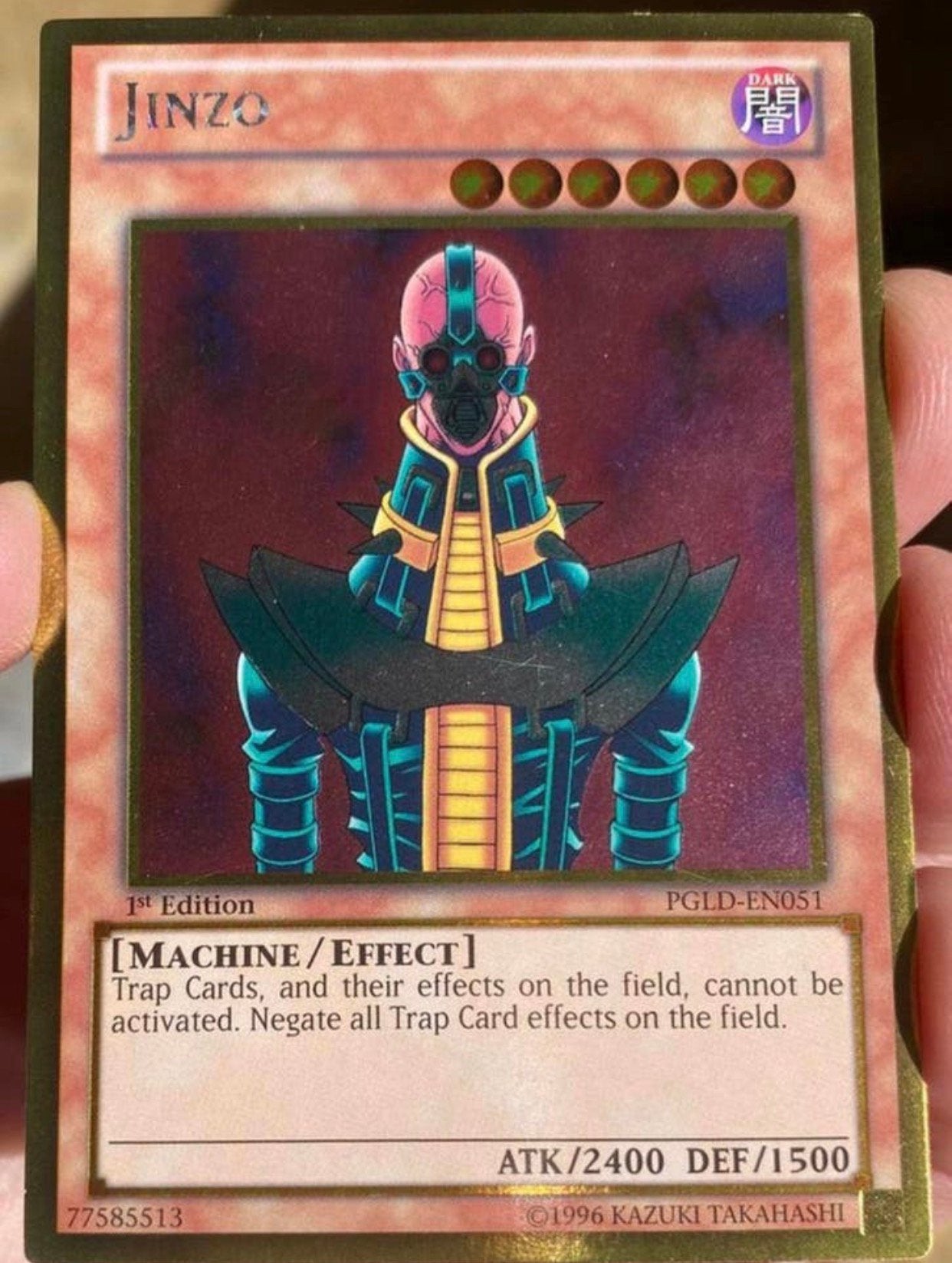 Yu-Gi-Oh! Jinzo PGLD 1st Edition !, Ophalen of Verzenden, Gebruikt, Losse kaart, Foil
