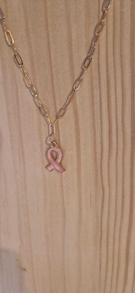Gouden ketting met roze lintje hanger, Sieraden, Tassen en Uiterlijk, Kettingen, Ophalen of Verzenden, Zo goed als nieuw, Goud