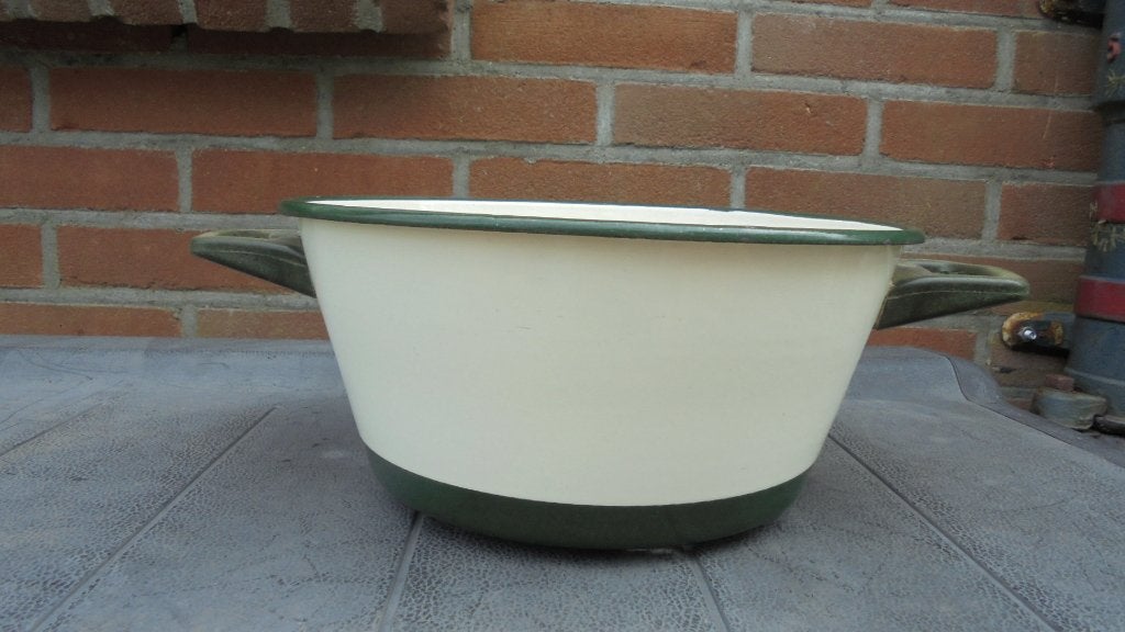 creme/donkergroen emaille vergiet, doorsnee 25cm, Ophalen of Verzenden