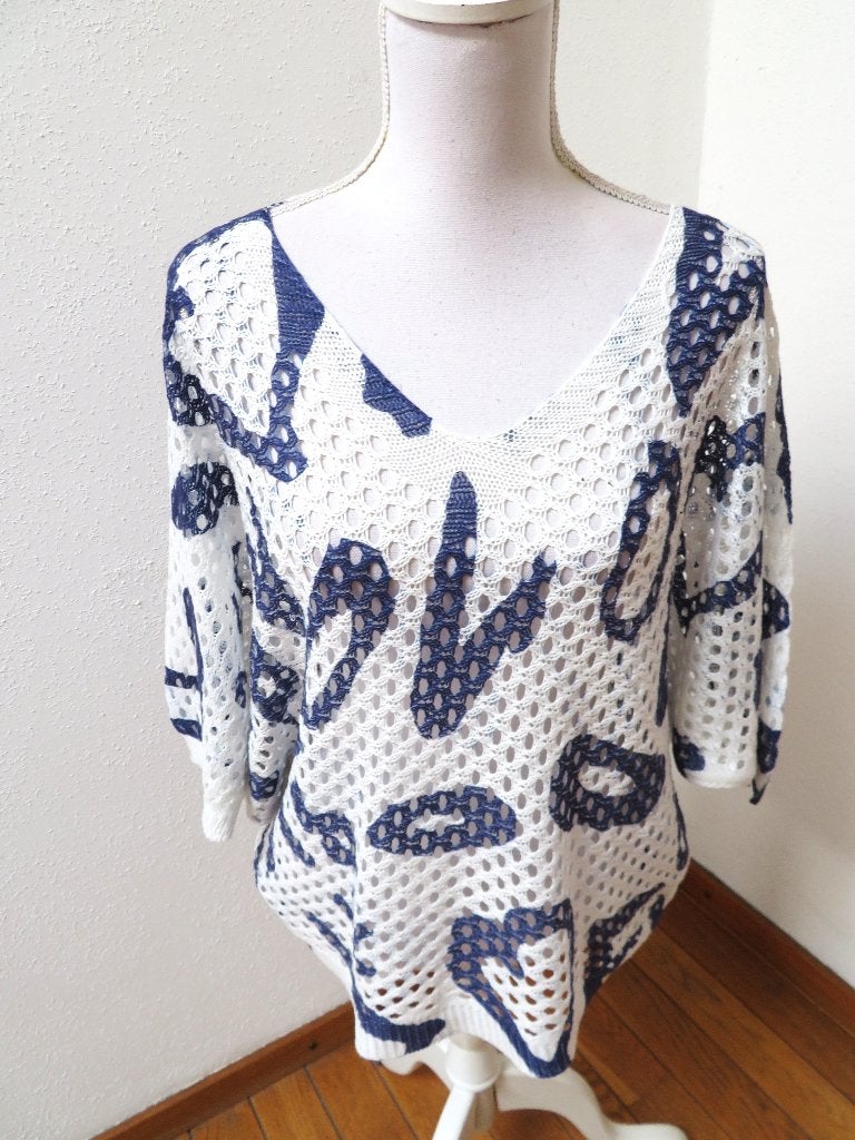 P51 MADE IN ITALY aparte oversized trui blauw wit XL 46/48, Made in Italy, Blauw, Maat 46/48 (XL) of groter, Nieuw