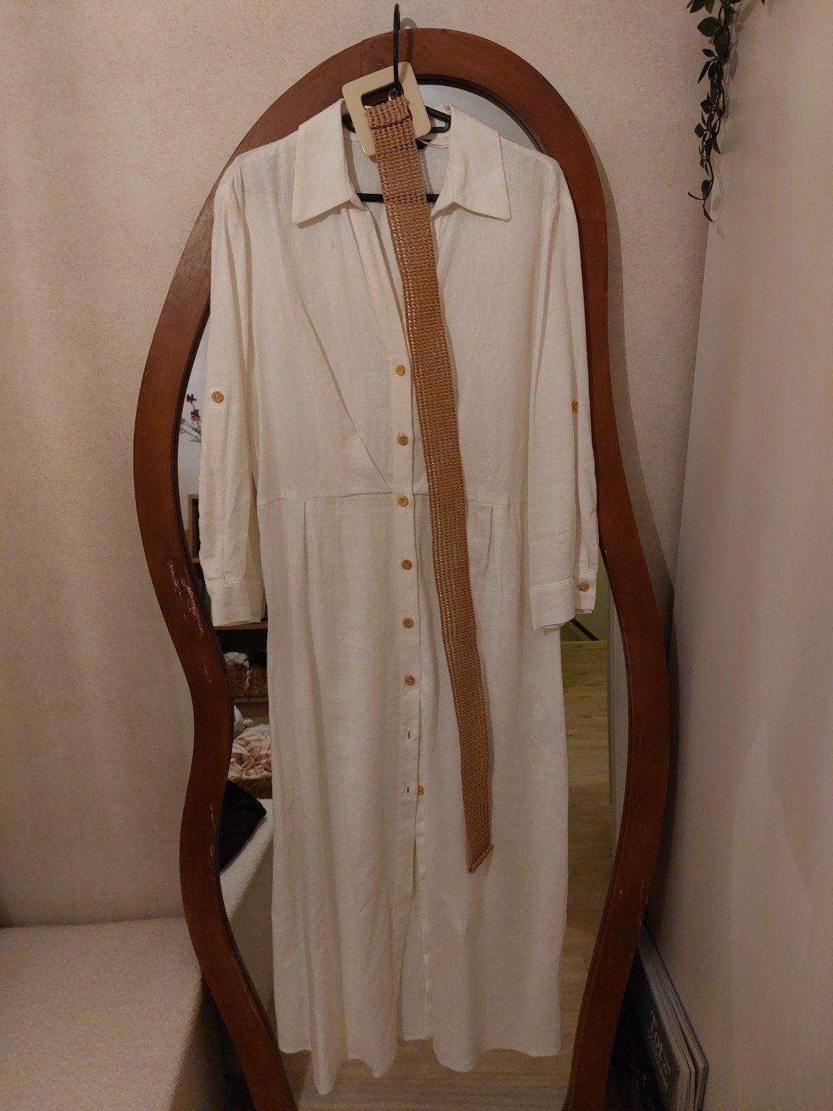 dames linnen jurk met riem, Kleding | Dames, Jurken, Maat 38/40 (M), Beige, Ophalen of Verzenden, Zo goed als nieuw