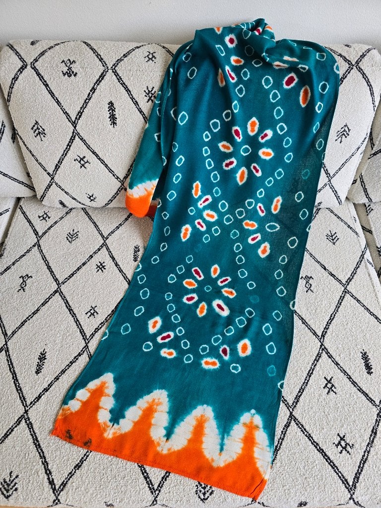 Vintage Balinese Sjaal Omslagdoek Teal & Oranje Boho Print, Ophalen of Verzenden, Nieuw, Maat 46/48 (XL) of groter, Sjaal