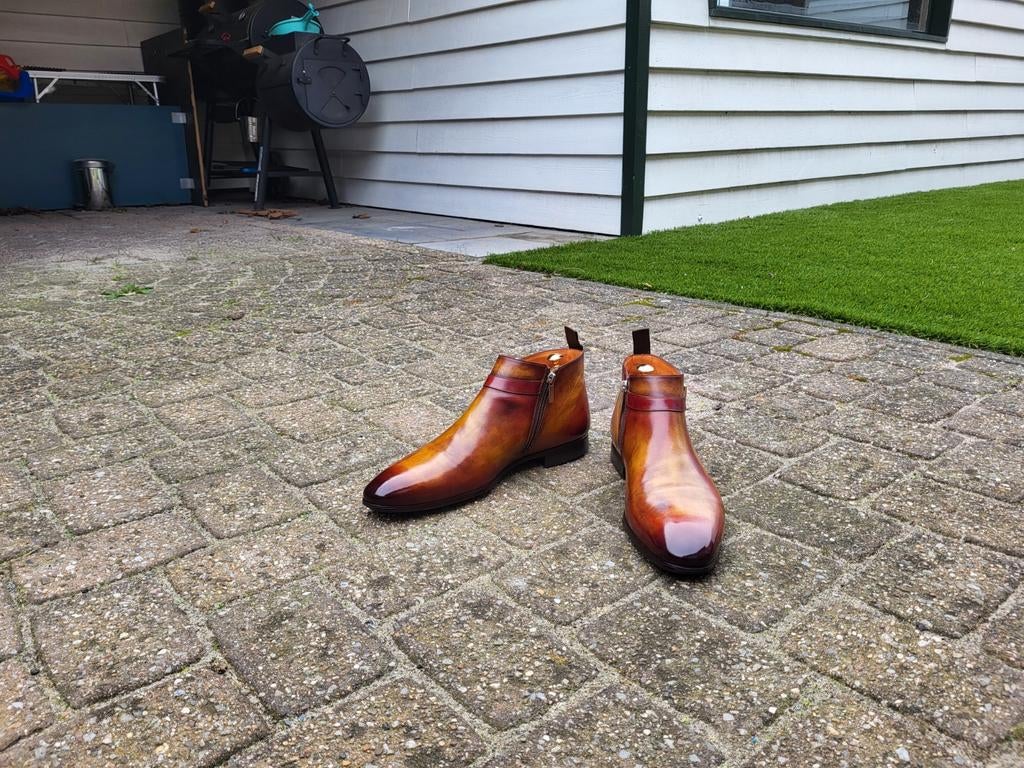 1 of 1 Museum patina Santoni boots.EU44.5  Uniek!, Ophalen of Verzenden, Gedragen, Overige kleuren, Boots