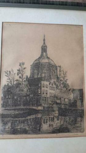 Hervormde Mare Kerk Leiden Marius Janssen gesigneerd, Antiek en Kunst, Kunst | Etsen en Gravures, Ophalen