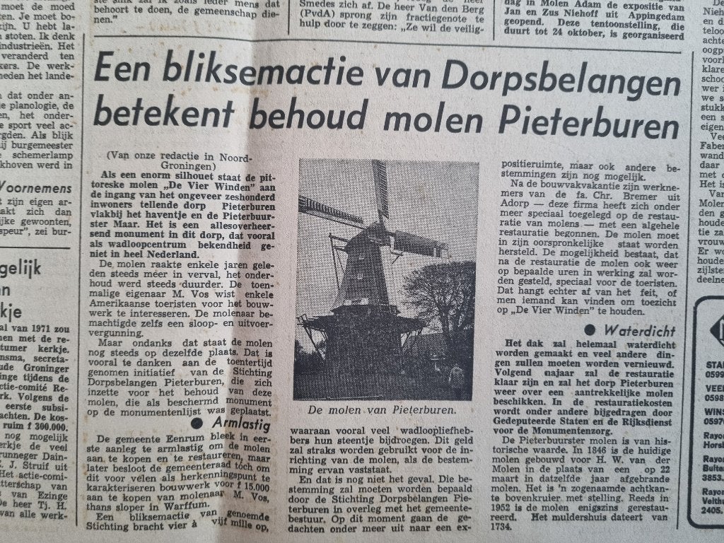 Actie voor behoud molen Vier Winden in Pieterburen (1970), Ophalen of Verzenden, 1920 tot 1940, Knipsel(s)