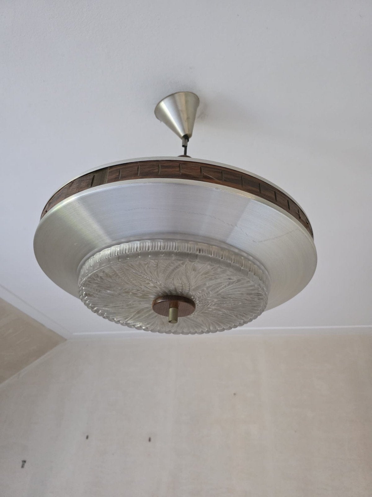 Vintage Space Age hanglamp jaren 60/70 – aluminium hout glas, Ophalen, Glas