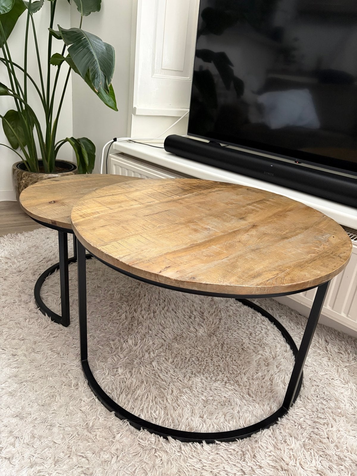 Set van 2 ronde mango houten salontafels, Ophalen, Gebruikt, Rond, 50 tot 100 cm