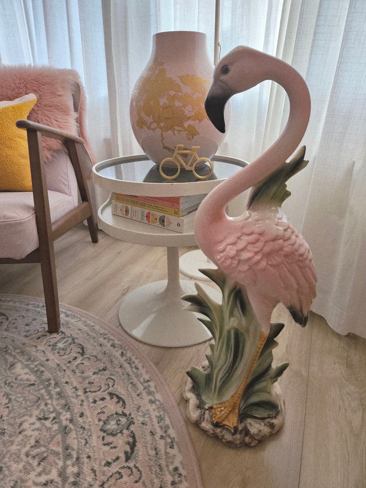 Vintage 70s XL keramiek porseleinen flamingo, Ophalen, 77 cm, Steen/keramiek, Roze
