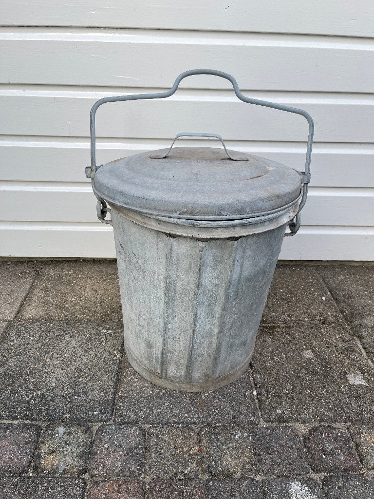 Vintage zinken vuilnisemmer met deksel en hengsel, Ophalen of Verzenden