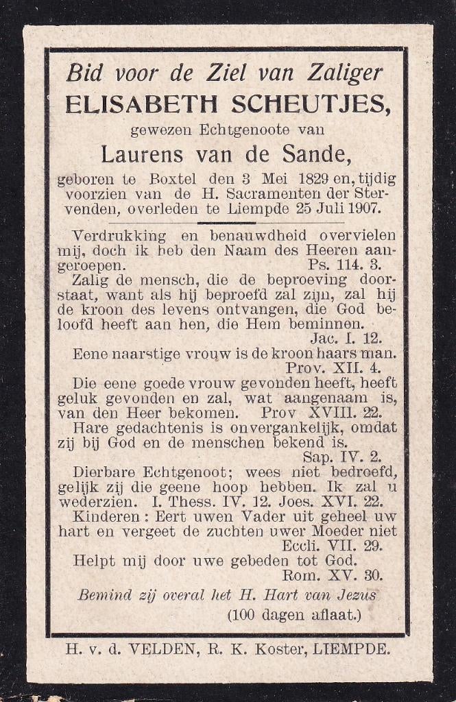 Scheutjes Elisabeth 1829 Boxtel 1907 Liempde, Ophalen of Verzenden, Bidprentje
