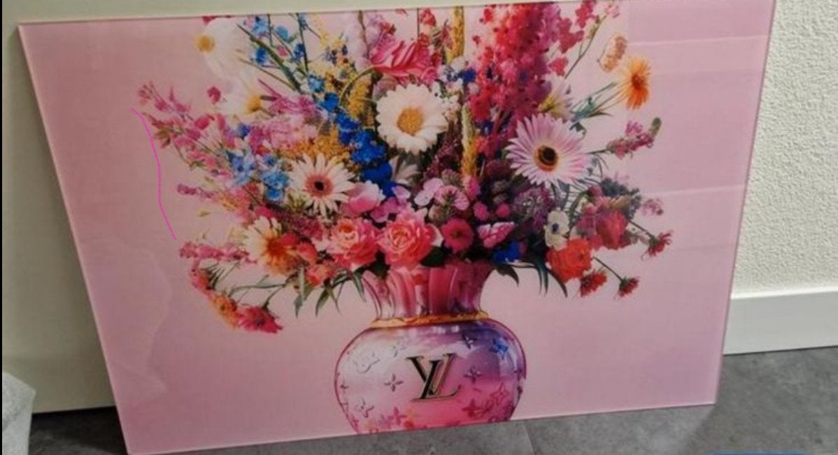 Prachtige Louis Vuitton vaas met bloemen print op glas, 50 – 75, Ophalen of Verzenden, 75 tot 100 cm, Print