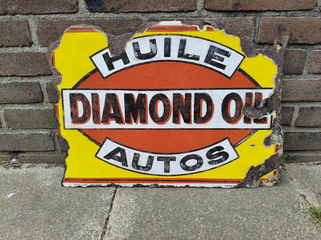 Diamond oil emaille reclamebord 1930, Ophalen of Verzenden, Gebruikt, Reclamebord