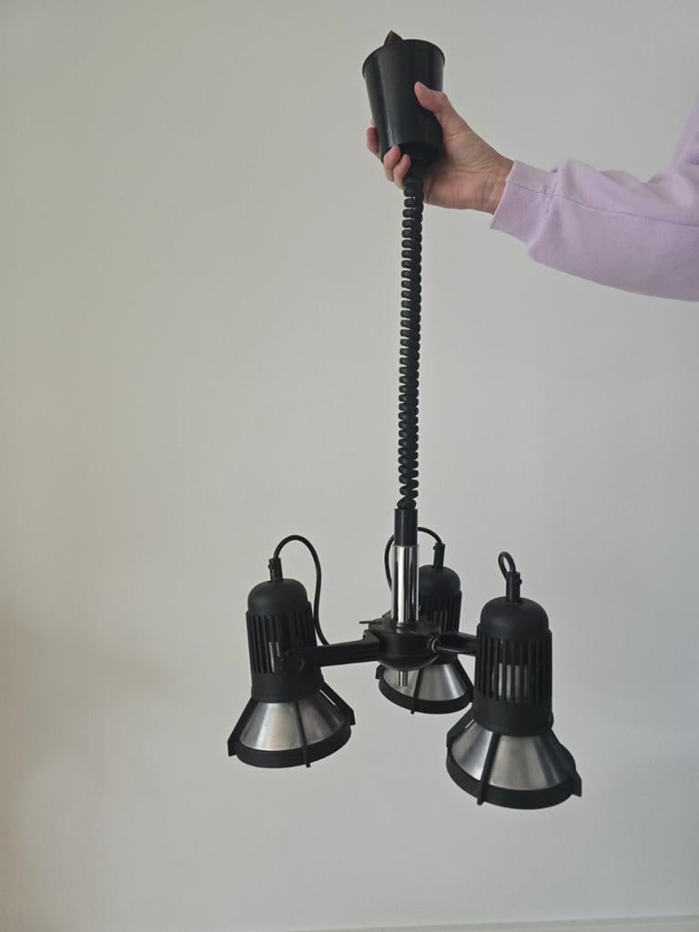 vintage industriële hanglamp met een spiraalsnoer & 3 spots, Ophalen of Verzenden, Zo goed als nieuw, Metaal, Vintage industrieel