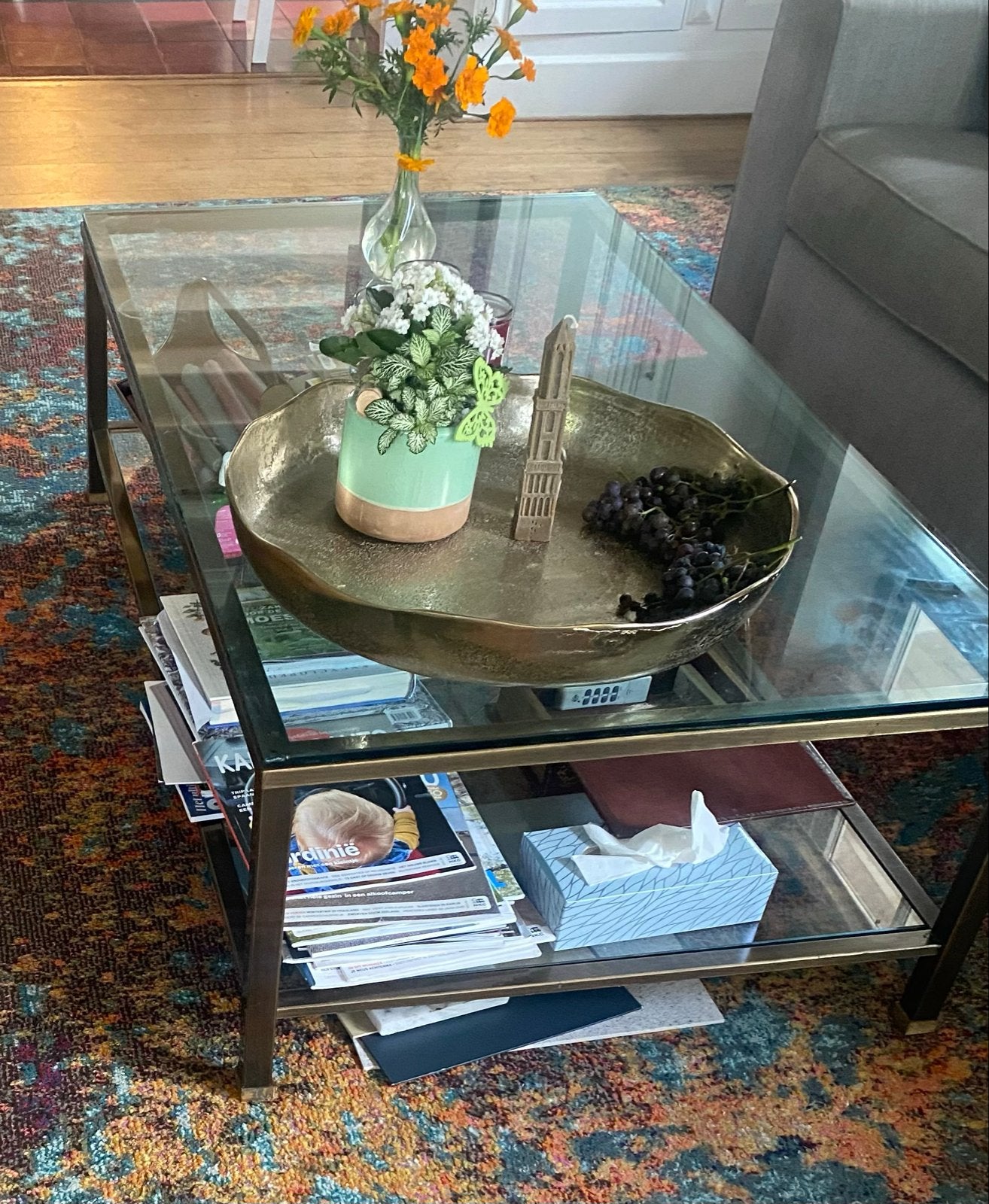 Glazen Salontafel met Metalen Frame en Opbergruimte, Ophalen, Gebruikt, 100 tot 150 cm, 50 tot 100 cm