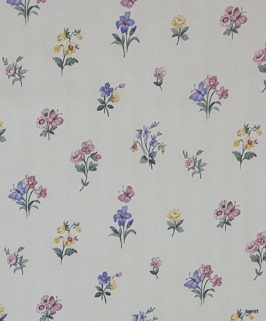 9891 vintage bloemenbehang met viooltjes en vlinders swiet, Ophalen of Verzenden, Roze