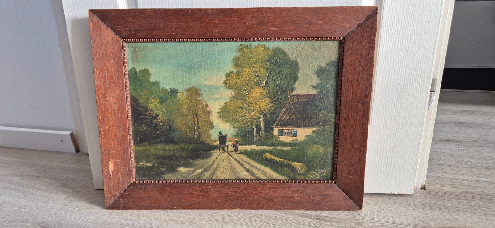 Schilderij L. Jongejan - Landschap met boerderij, Antiek en Kunst, Ophalen, Doek, Realistisch, Landschap