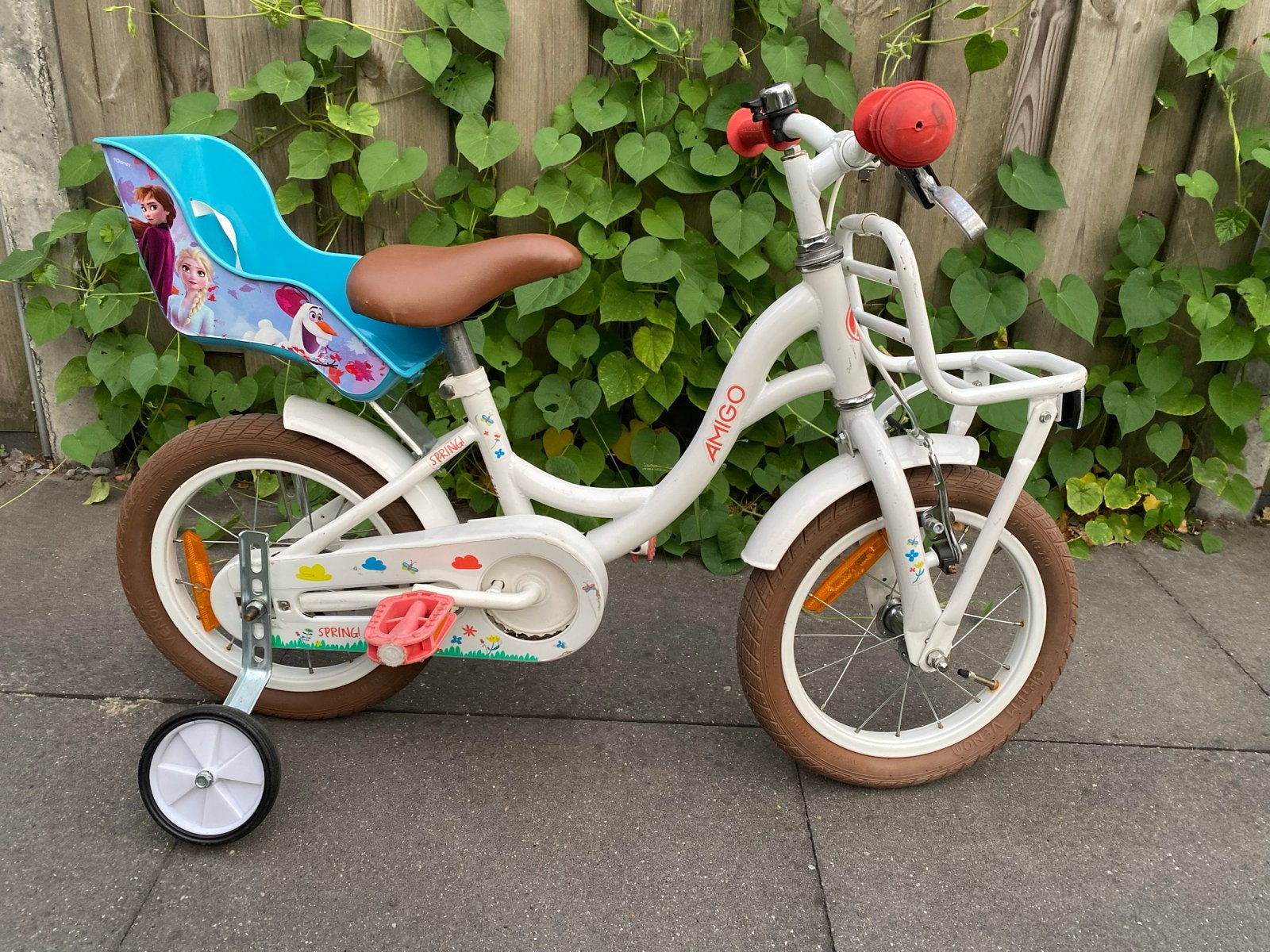Amigo Kinderfiets 14 inch met zijwieltjes en Frozen zitje, Ophalen, Terugtraprem, Zijwieltjes, Gebruikt