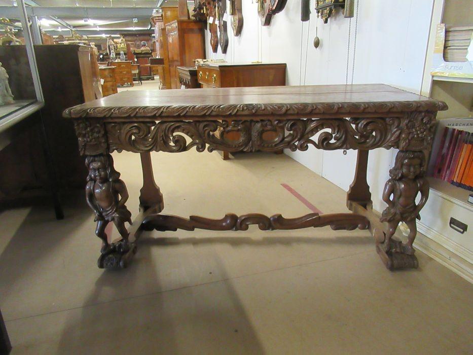 Oer 09951 ANTIEKE 19e eeuwse eiken wandtafel met snijwerk, Antiek en Kunst, Antiek | Meubels | Tafels, Ophalen