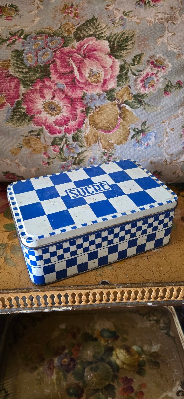 Vintage Franse blik Sucre lustucru blauw wit geblokt, Ophalen of Verzenden
